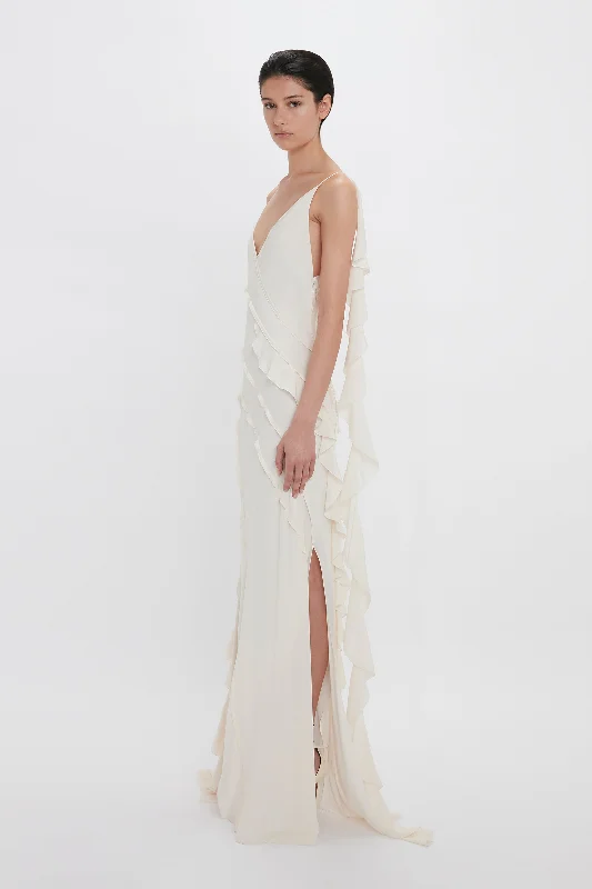 Exclusive Asymmetric Bias Frill Dress In Ivory