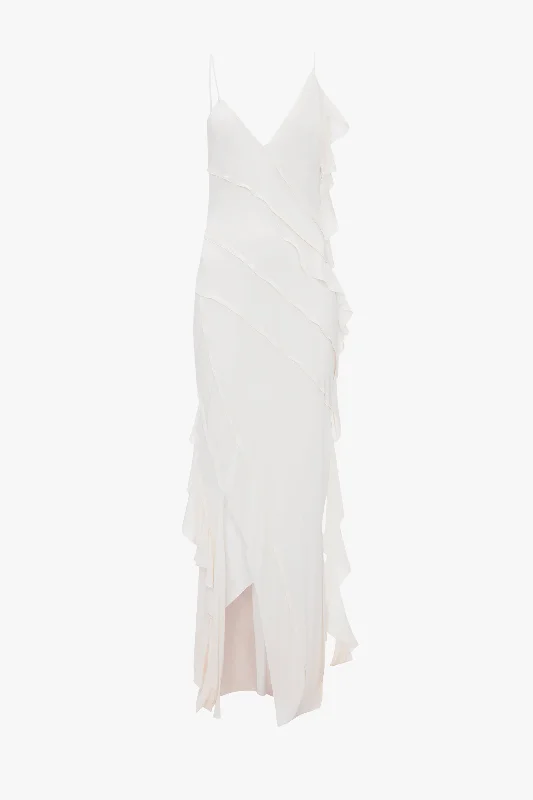 Exclusive Asymmetric Bias Frill Dress In Ivory