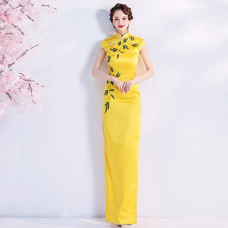 Floral Embroidery Appliques Traditional Cheongsam Evening Dress