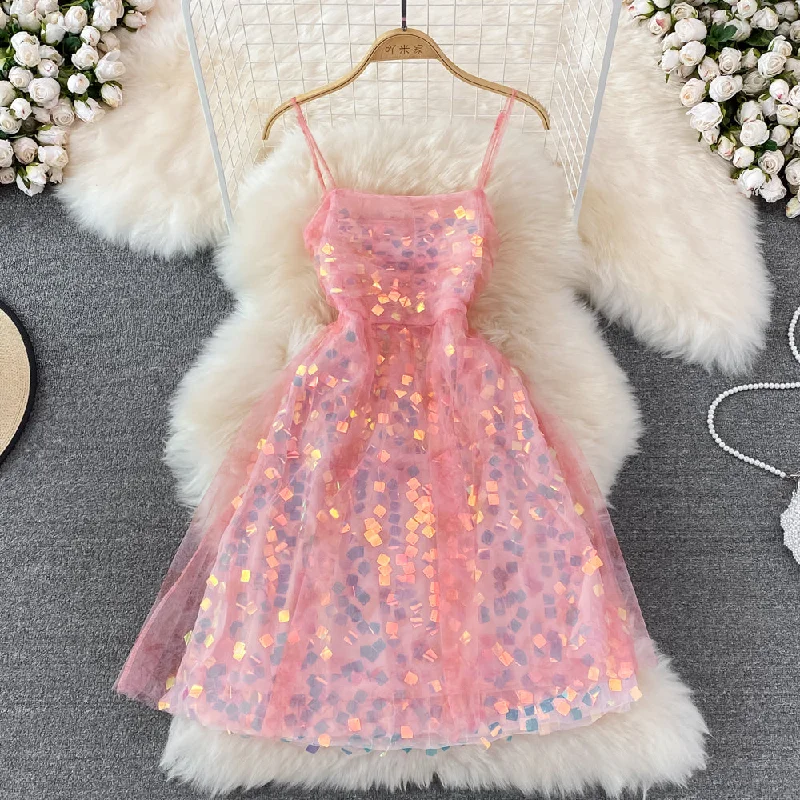 Glittering Sequin lady mesh pink suspender dress summer  11003