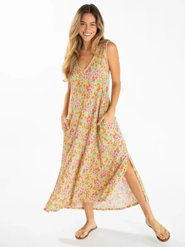 Hangout Cotton Midi Dress - Mustard Coral Floral