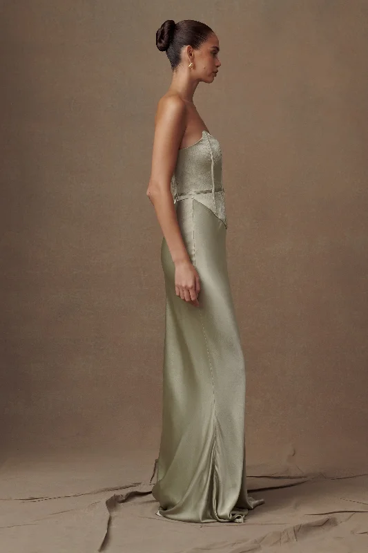 Harlow Satin Strapless Maxi Dress - Sage