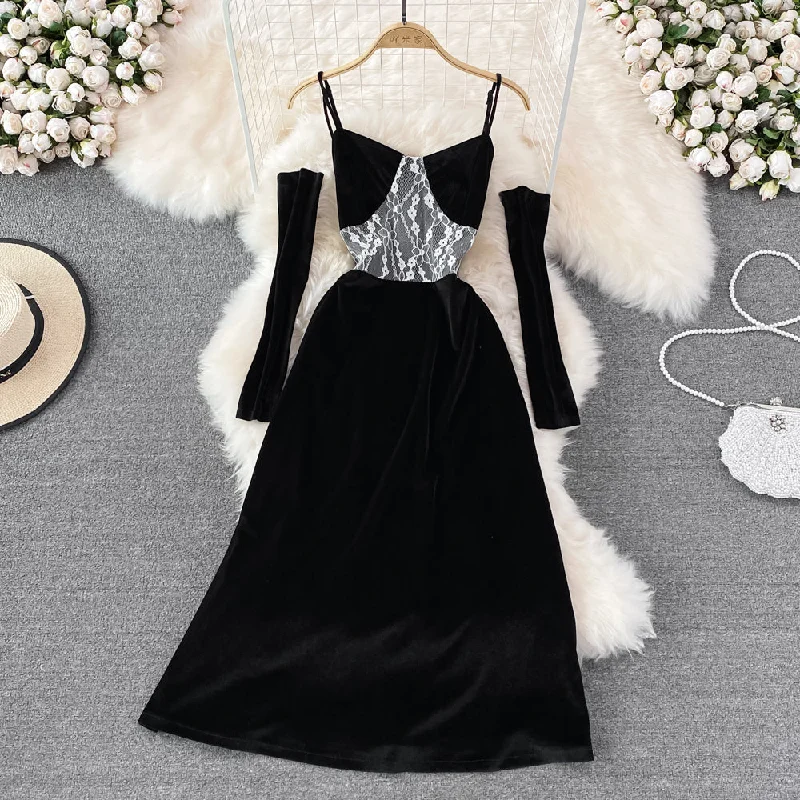 Hepburn style black velvet suspender skirt design sense evening dress skirt  10999