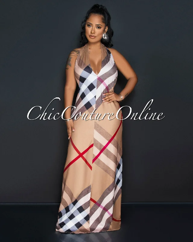 Jenae Camel Plaid Print Halter Maxi Dress