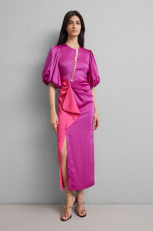 Junon Satin Dress in Fuchsia