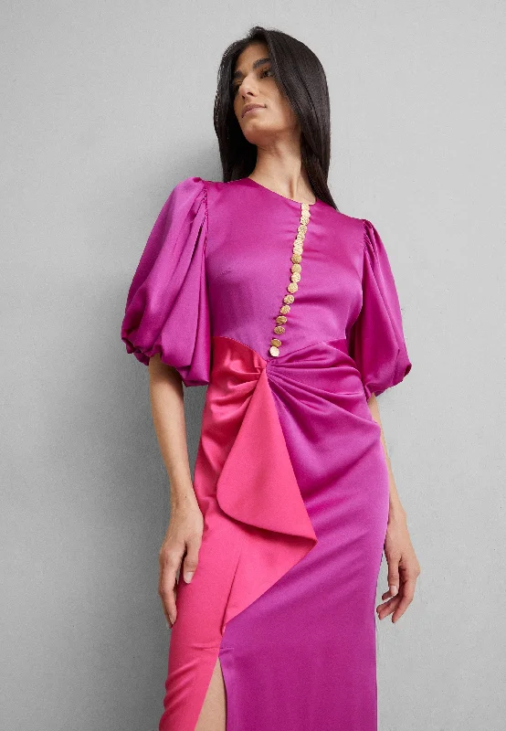 Junon Satin Dress in Fuchsia