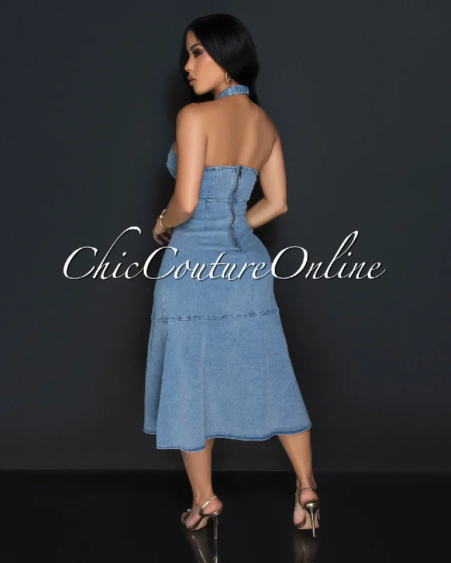 Kana Light Denim Halter Midi Dress