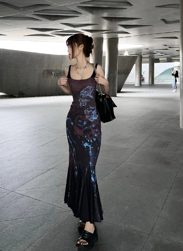 Kiara Chinese Floral Print Black & Blue Sweet Spaghetti Strap Square Neck Contrast Fishtail Design Long Dress