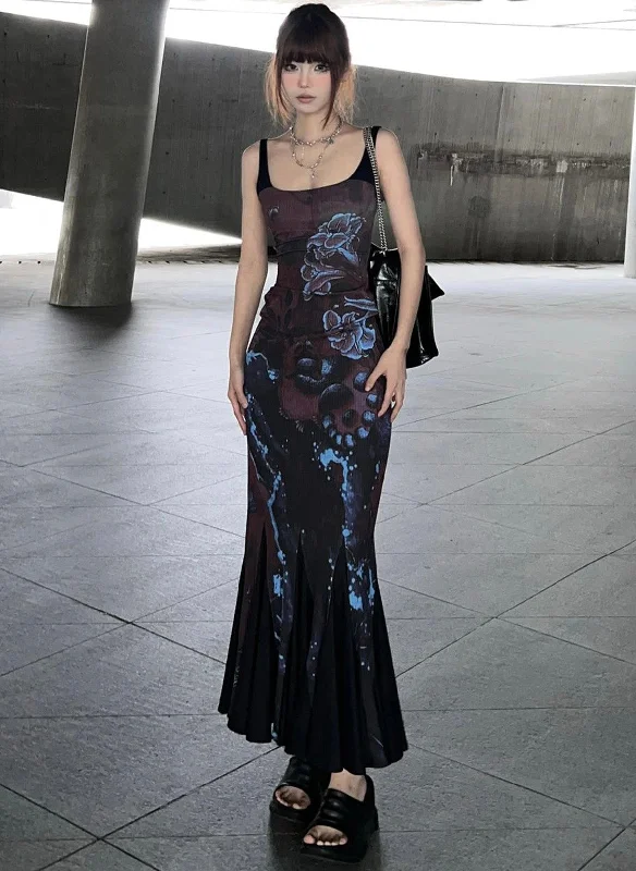 Kiara Chinese Floral Print Black & Blue Sweet Spaghetti Strap Square Neck Contrast Fishtail Design Long Dress