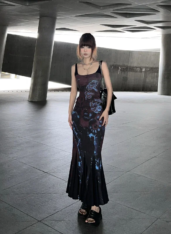 Kiara Chinese Floral Print Black & Blue Sweet Spaghetti Strap Square Neck Contrast Fishtail Design Long Dress