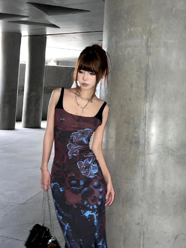 Kiara Chinese Floral Print Black & Blue Sweet Spaghetti Strap Square Neck Contrast Fishtail Design Long Dress