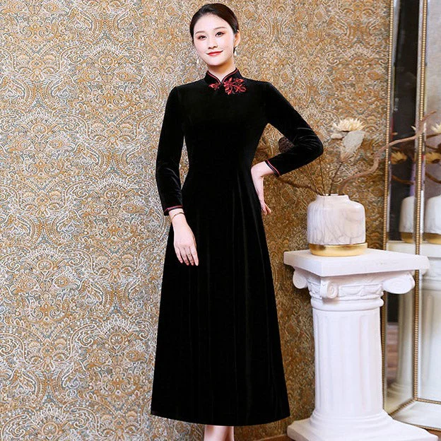 Long Sleeve Pleuche Tea Length Chinese Style Mother Dress