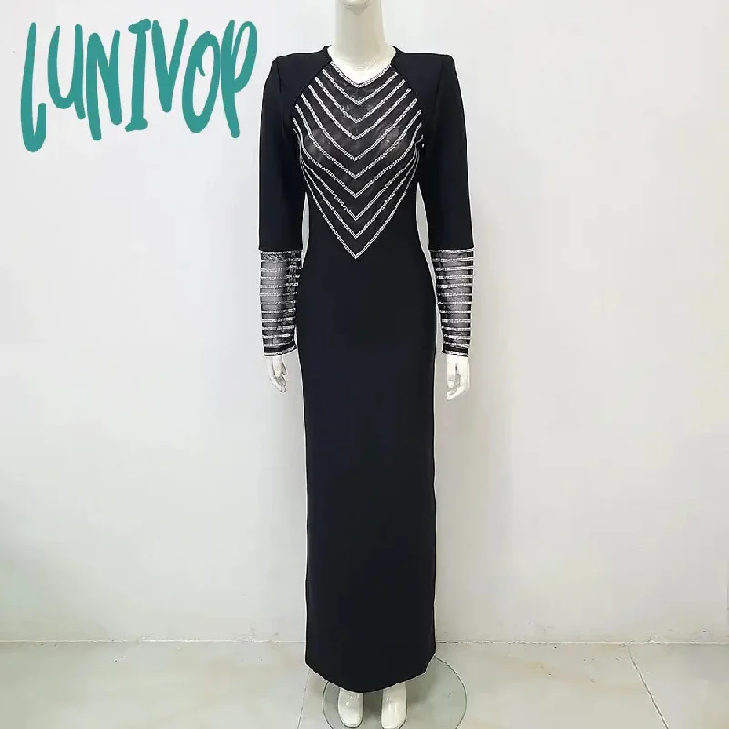 Lunivop Autumn Fashion Women Sexy Long Sleeve Mesh Diamonds Black Maxi Long Bodycon Bandage Dress Elegant Evening Club Party Dress