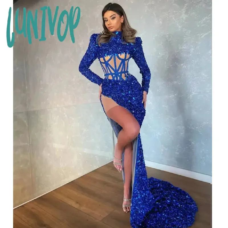 Lunivop New Luxury Women Sexy Long Sleeve Turtleneck Mesh Sequins Blue Maxi Long Bodycon Dress Elegant Evening Party Club Dress