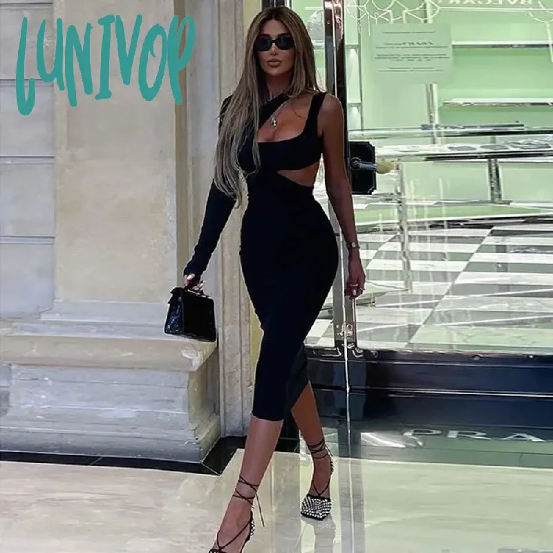 Lunivop New Sexy One Shoulder Black Long Sleeve Knitted Bodycon Bandage Dresses For Women Party Club Wedding Evening Robe Moulante Femme