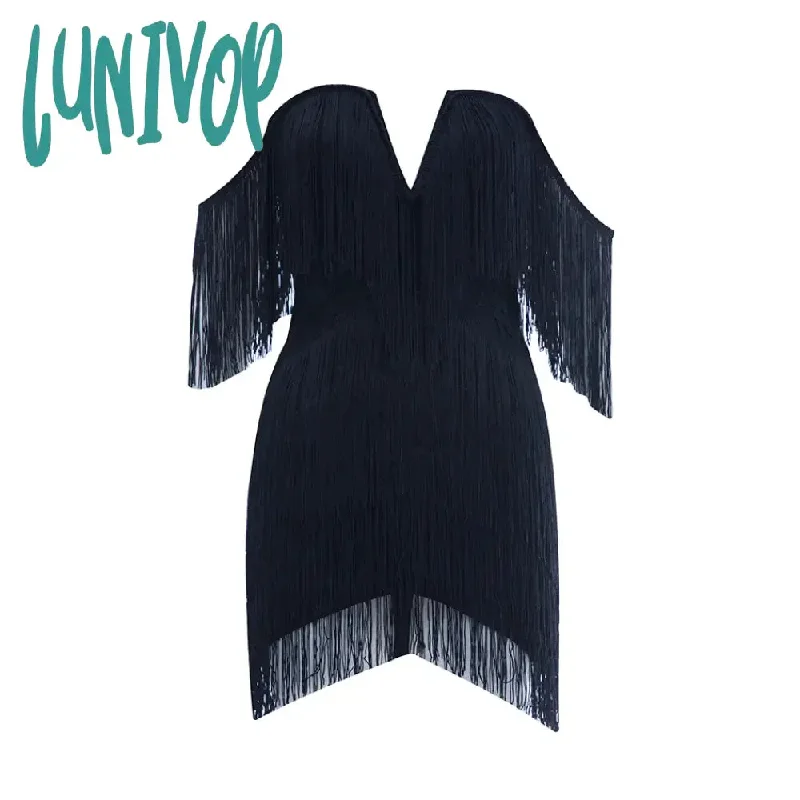 Lunivop New Sexy Tassel Bodycon Black Bandage Dress Vestidos Femininos Elegante Knitted Evening Party Night Cocktail Prom Summer Dresses