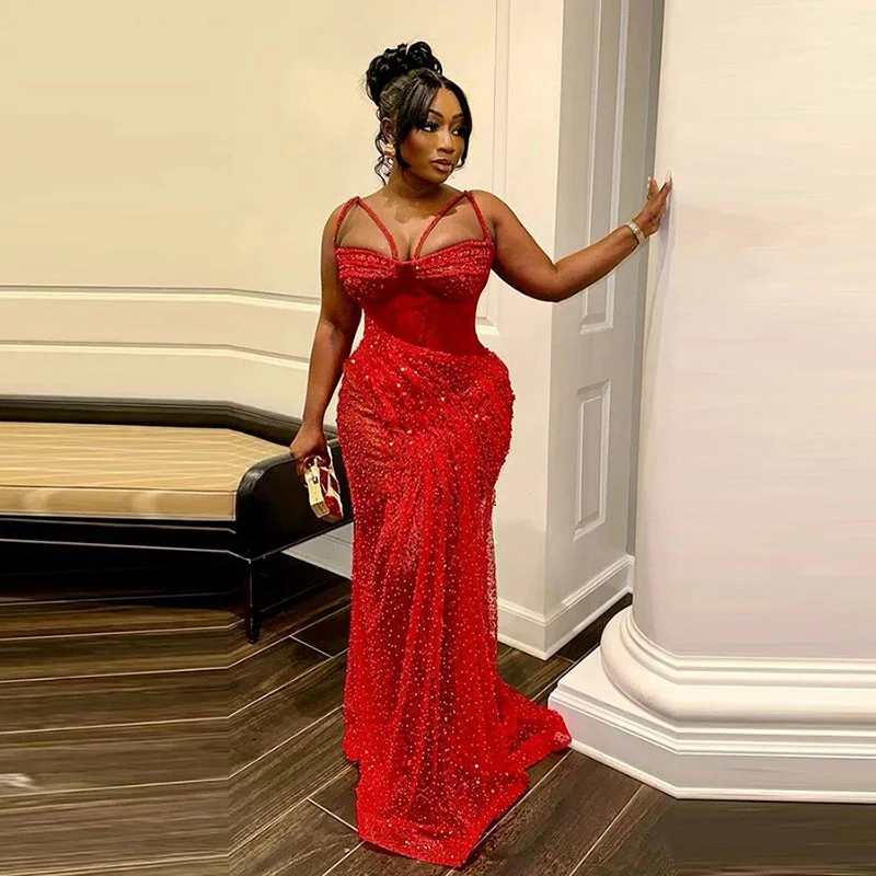 Lunivop Sexy Red Aso Ebi Mermaid Prom Dresses Lace Pearls Beaded Spaghetti Evening Gowns African Girls Formal Occasion Party Dress