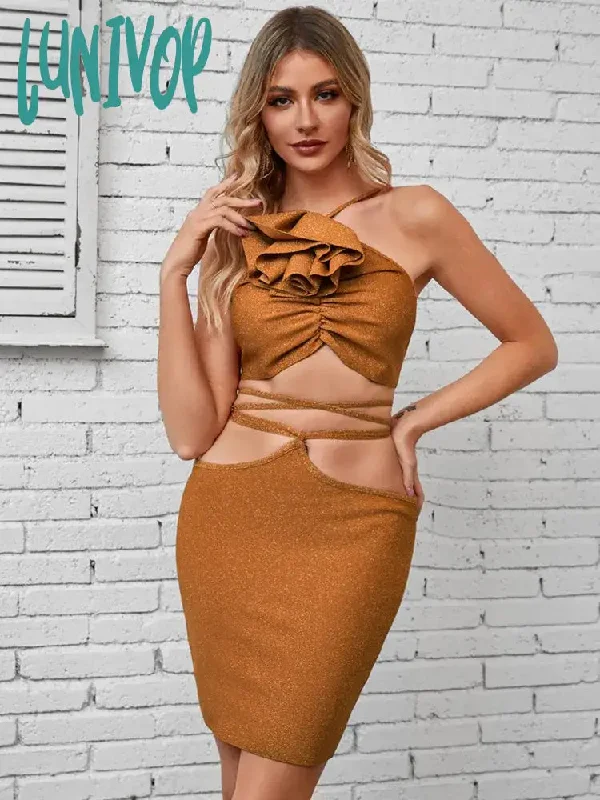 Lunivop Women Summer Sexy Backless Halter Sparkly Gold Ruffles Lacing Bandage Skirt Set  Knitted Elegant Evening Club Party Dress