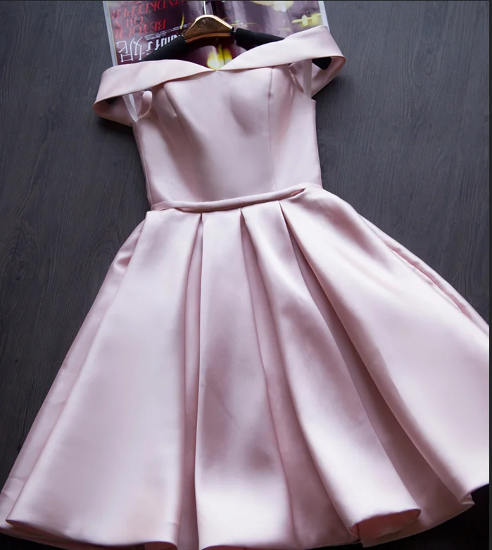 Pink Satin Off The Shoulder Short Party Dress YV17053