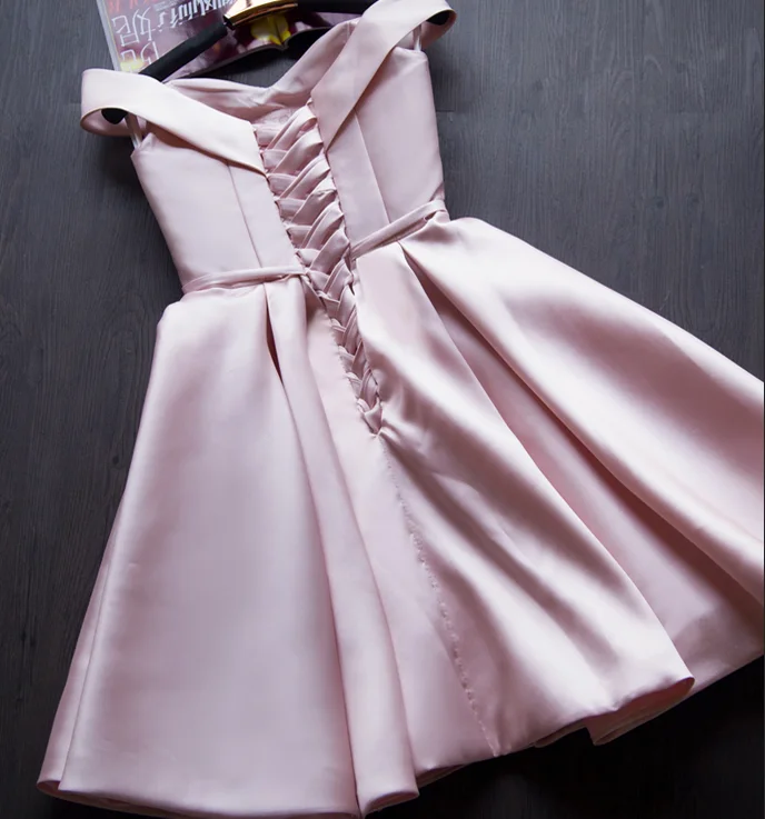 Pink Satin Off The Shoulder Short Party Dress YV17053