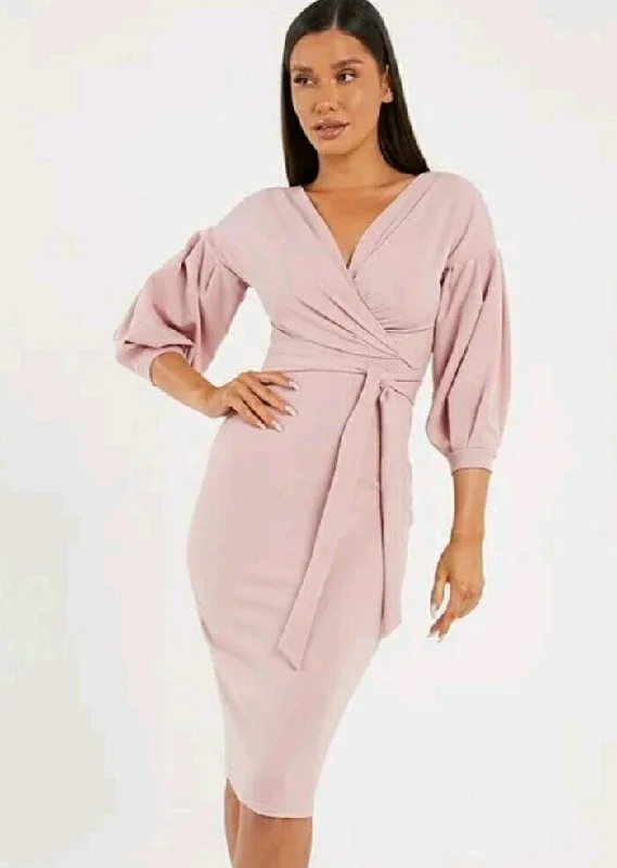 Quiz Blush Scuba Crepe 3/4 Sleeve Wrap Midi Dress Size 12  *** SW4