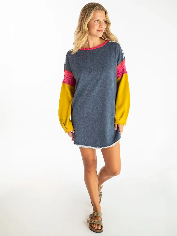 Reversible Trim Sweatshirt Dress - Indigo