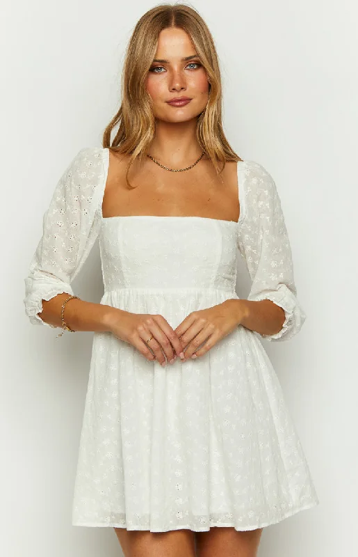 Rubi White Long Sleeve Broderie Mini Dress