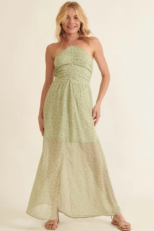 Secret Grove Ruched Floral Halter Maxi Dress