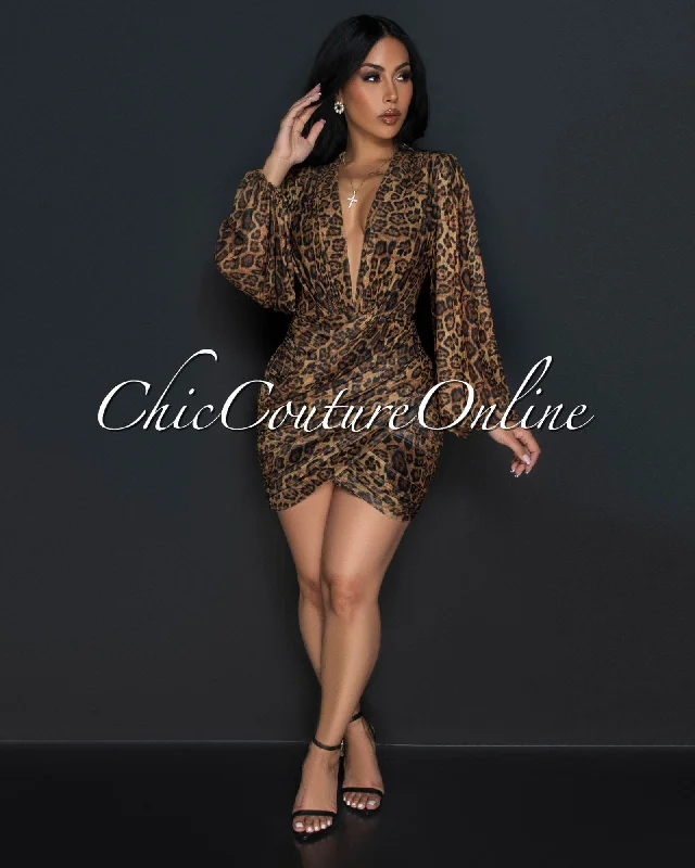 Stephen Leopard Deep-V Mesh Ruched Dress