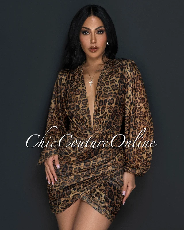 Stephen Leopard Deep-V Mesh Ruched Dress