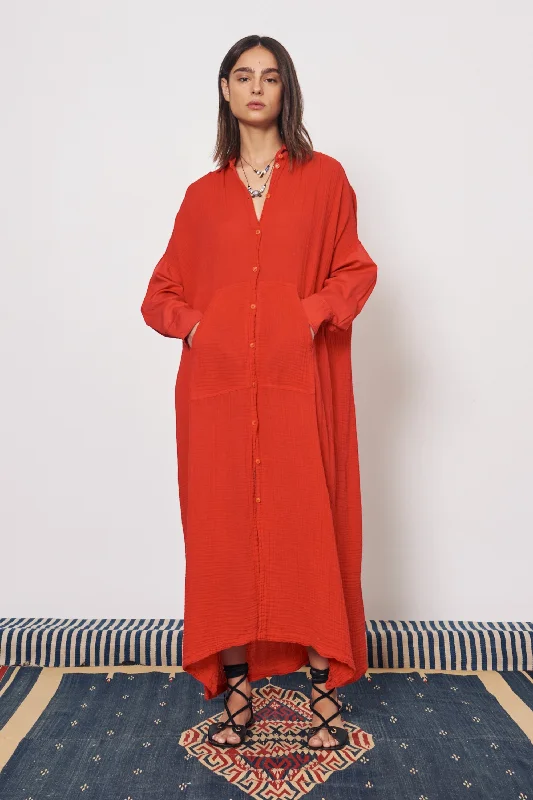 Gauze Red Caftan Shirt Dress