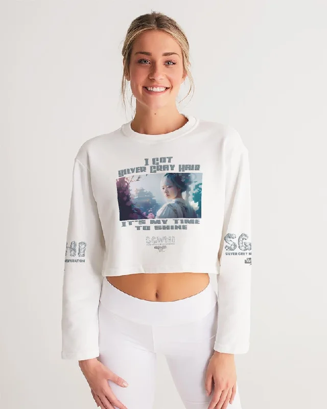 Asian sister with silver grey hair Women's All-Over Print Cropped Sweatshirt