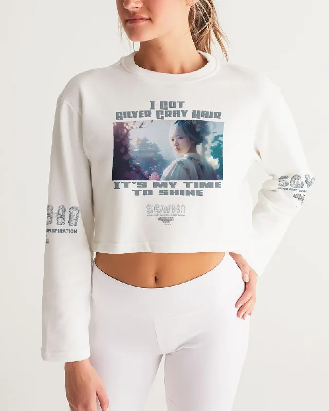 Asian sister with silver grey hair Women's All-Over Print Cropped Sweatshirt