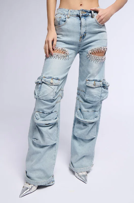 CALLING THE SHOTS CARGO DENIM WITH RHINESTONES