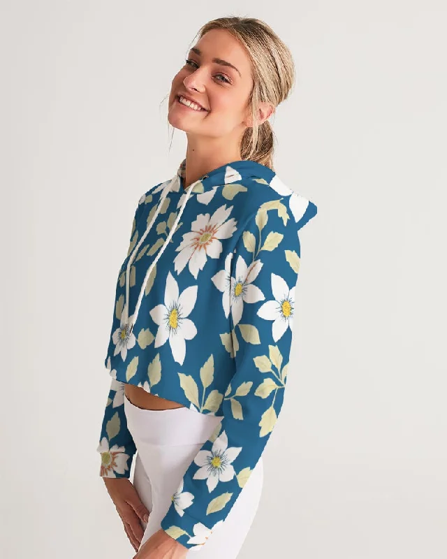 Dark blue background and white flower pattern Women's All-Over Print Cropped Hoodie