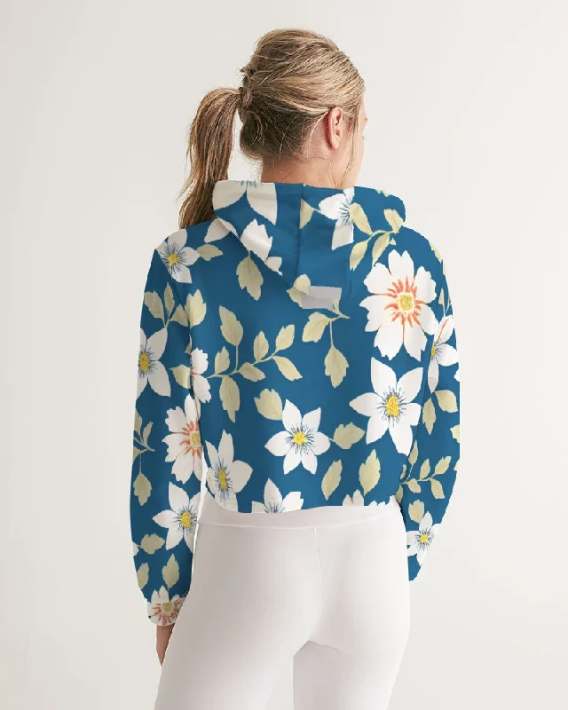 Dark blue background and white flower pattern Women's All-Over Print Cropped Hoodie