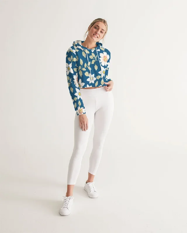 Dark blue background and white flower pattern Women's All-Over Print Cropped Hoodie