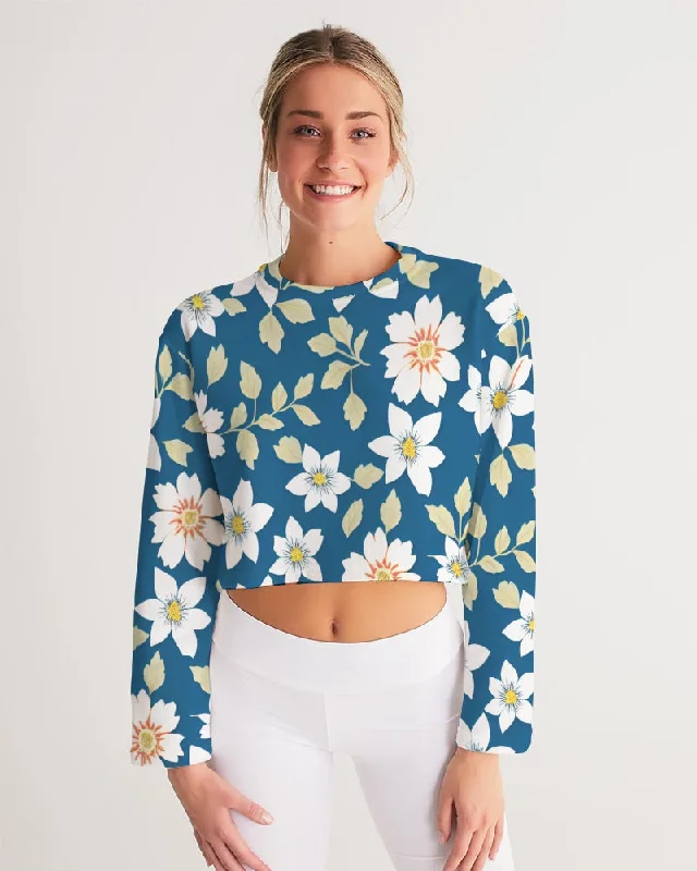 Dark blue background and white flower pattern Women's All-Over Print Cropped Sweatshirt