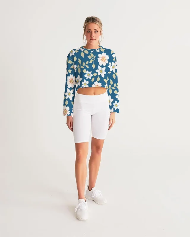 Dark blue background and white flower pattern Women's All-Over Print Cropped Sweatshirt