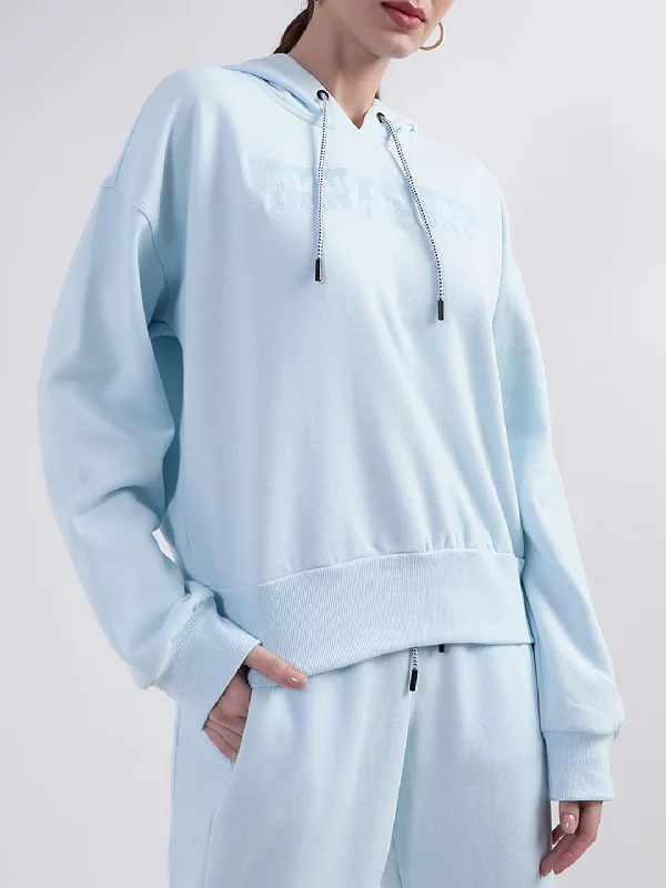 DKNY Women Light Blue Solid Hooded Sweatshirt