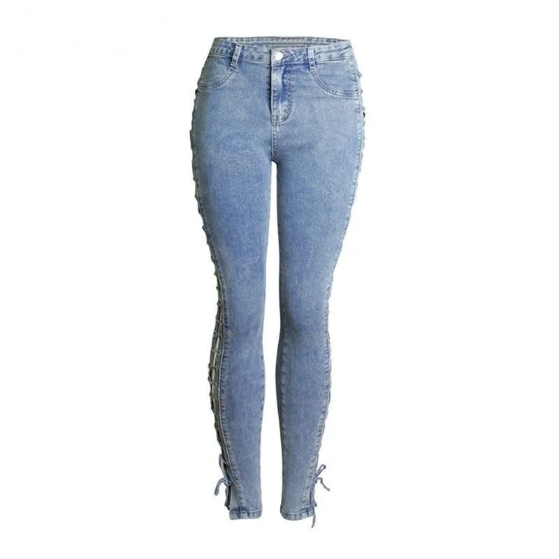 Fashion Side Lace-up Slim Stretchy Pencil Jeans Pants for Women