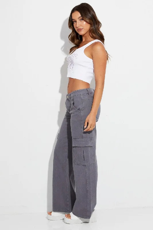 Grey Cargo Denim Jeans Low Rise