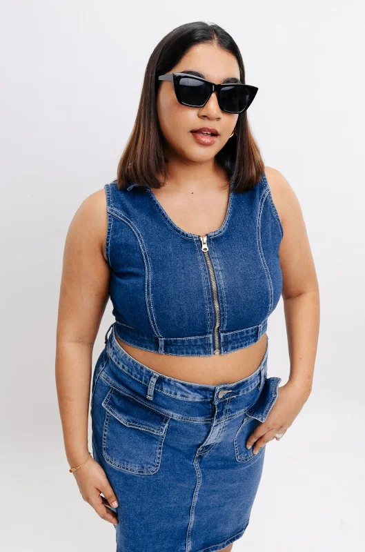 Halter Front Zip Denim Top