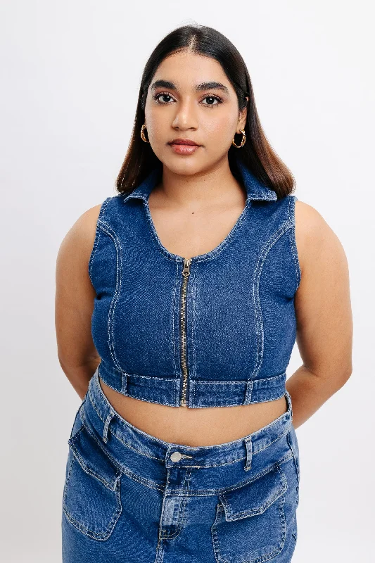 Halter Front Zip Denim Top