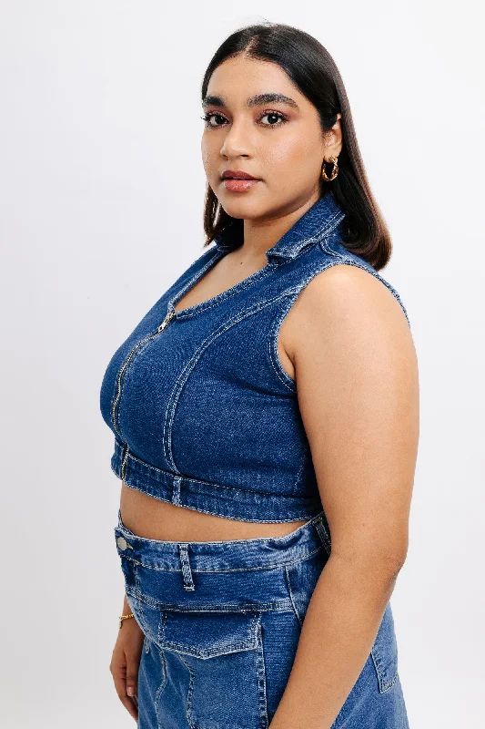 Halter Front Zip Denim Top