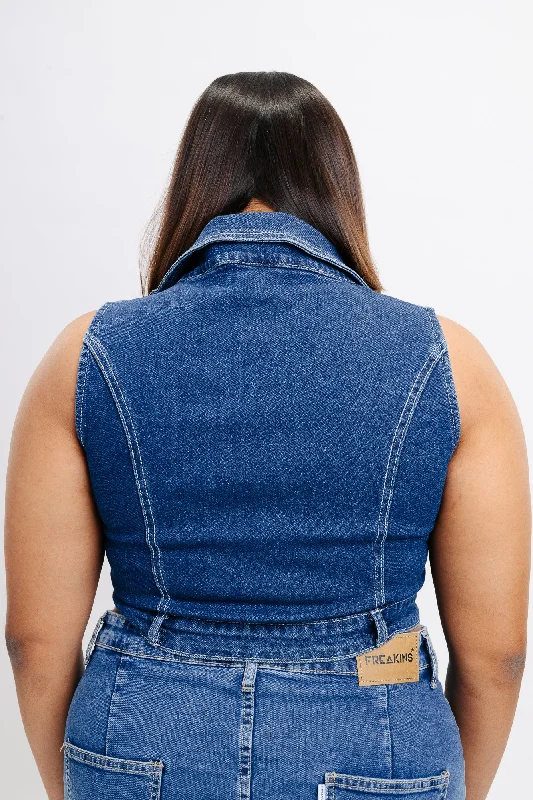 Halter Front Zip Denim Top