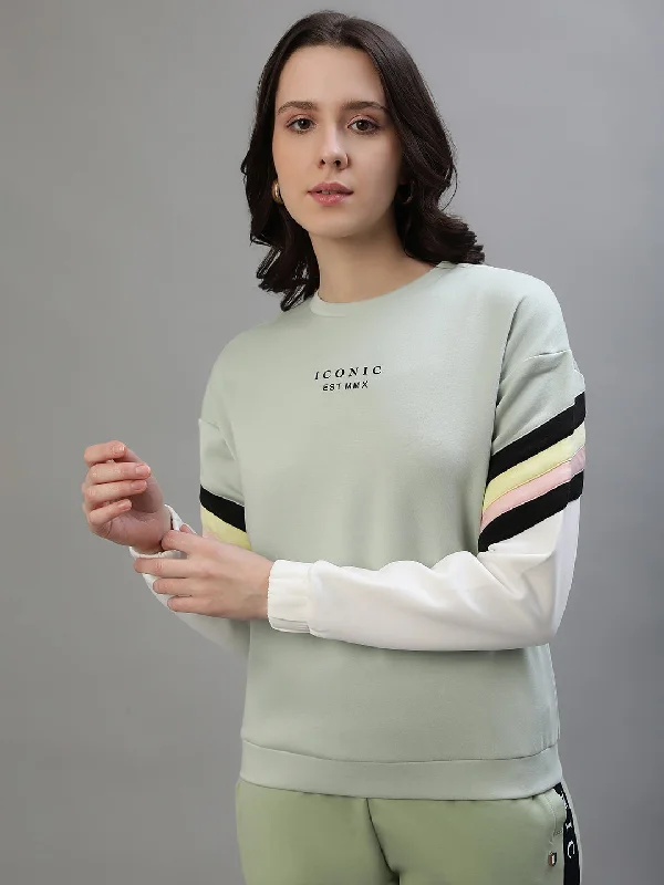 Iconic Women Mint Color Blocked Round Neck Sweatshirt