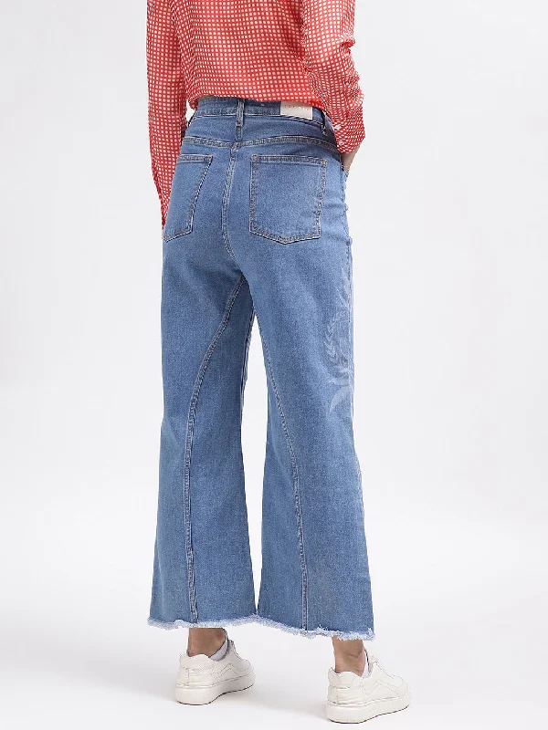 Iconic Women Blue Printed Flared Jeans