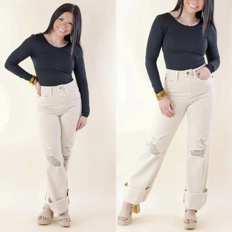 Judy Blue | Retro Rebel Garment Dyed 90's Destroy Knee Straight Leg Jeans in Bone Cream