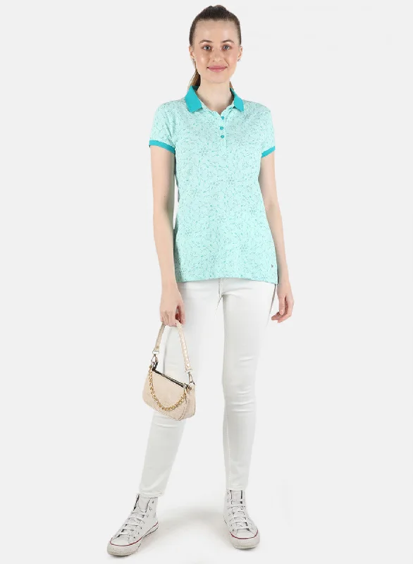 Women Aqua Blue Printed T-Shirt